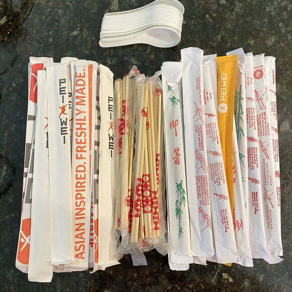 New 53 PAIR CHOPSTICKS WOODEN BAMBOO INDIVIDUALLY WRAPPED + 16 Miso Soup Spoons - Picture 1 of 1